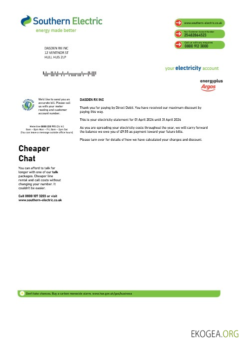 Modèle de facture de services publics d'entreprise avec preuve d'adresse de Southern Electric aux formats Word et PDF